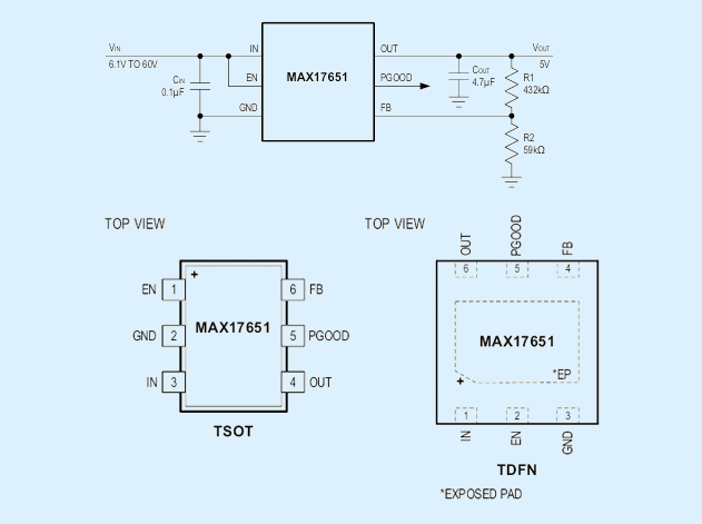 MAX17651高压LDO：8μA超低功耗与60V宽压解析 附引脚图及典型利用电路图